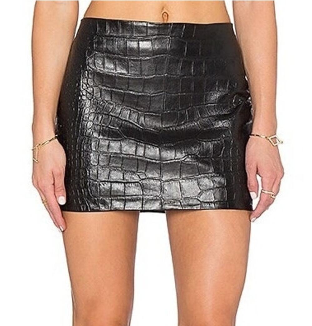 NWT ARE YOU AM I Womens Kivi Croc Lambskin Silk Leather Skirt XS Black Edgy